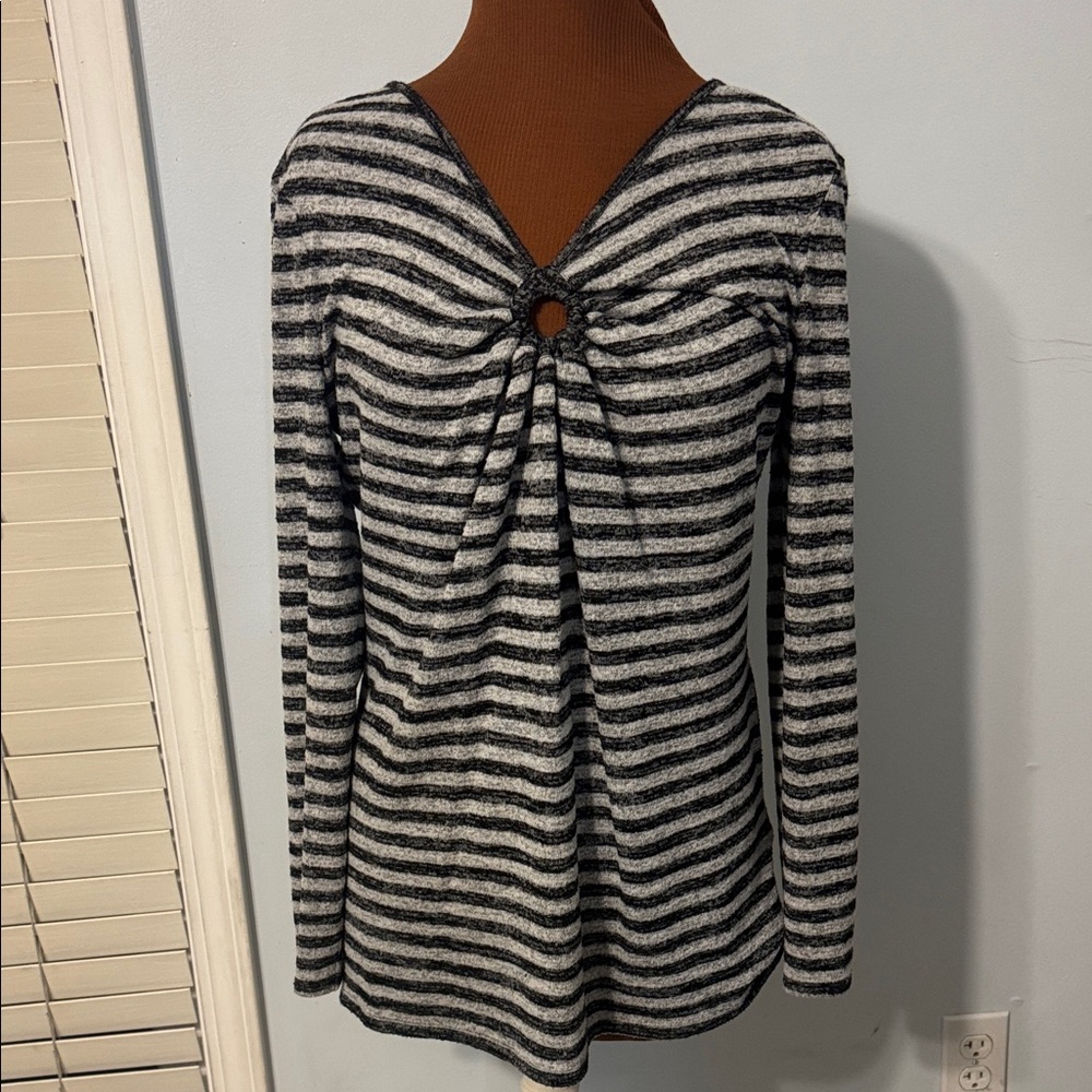 White House Black Market Black and Gray Striped Long Sleeve Top Sz Lg